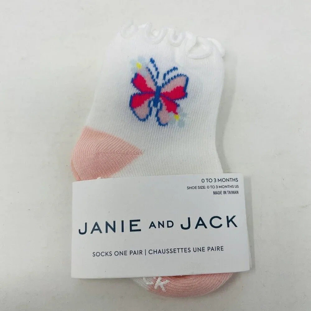 Janie and Jack Baby Girls 0-3 Months Butterfly Ruffle Ankle Socks‎ in White/Pink